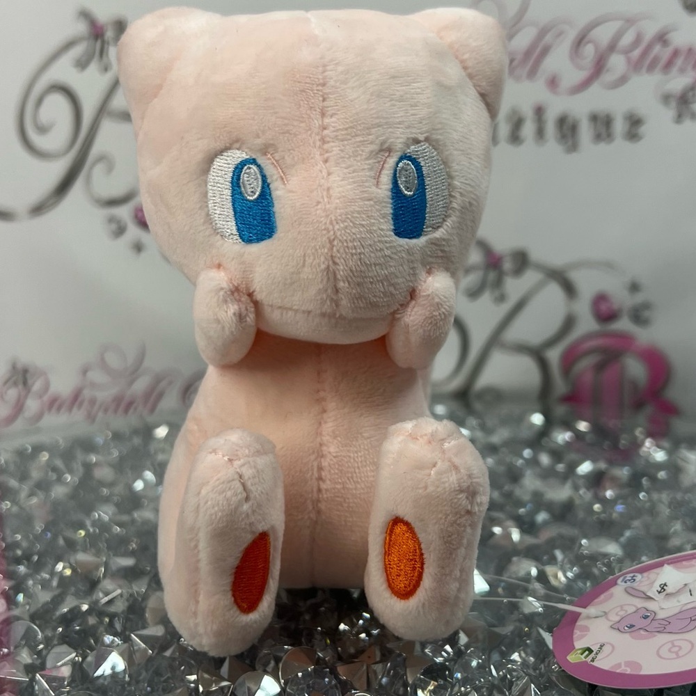 Pokemon clip on Pink Mew Plush with Blue Eyes and Orange Paw Pads